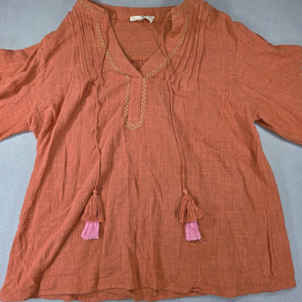 Entro Terracotta Gauze Boho Peasant Blouse Embroidered Tassel Top Small 0205